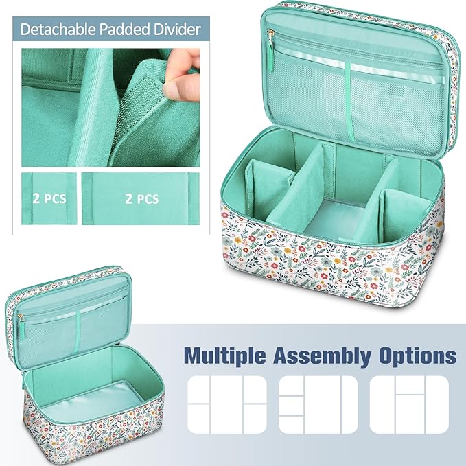 FINPAC Sewing Accessories Storage and Organizer Case, Double-Layer Sewing Kits Carrying Bag with Wrist Pin Cushion for Threads, Needles, Embroidery Floss Supplies, Felting Kits (Spring Bloom)