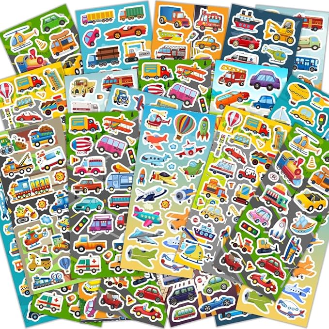 36 sheets cars and trucks stickers for kids, 700+ vehicle transportation stickers party favors pack including cars, construction,fire trucks,buses,airplane,rocket and more!