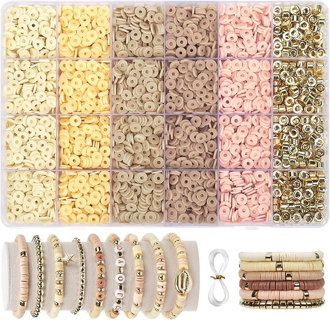 2370pcs Clay Beads for Bracelets Making, 6 Color Coffee Heishi Beads Polymer Clay Beads for Jewelry Making Supplies Charm, Friendship Bracelet Making Kit for Girl Women Adults (Neutral)