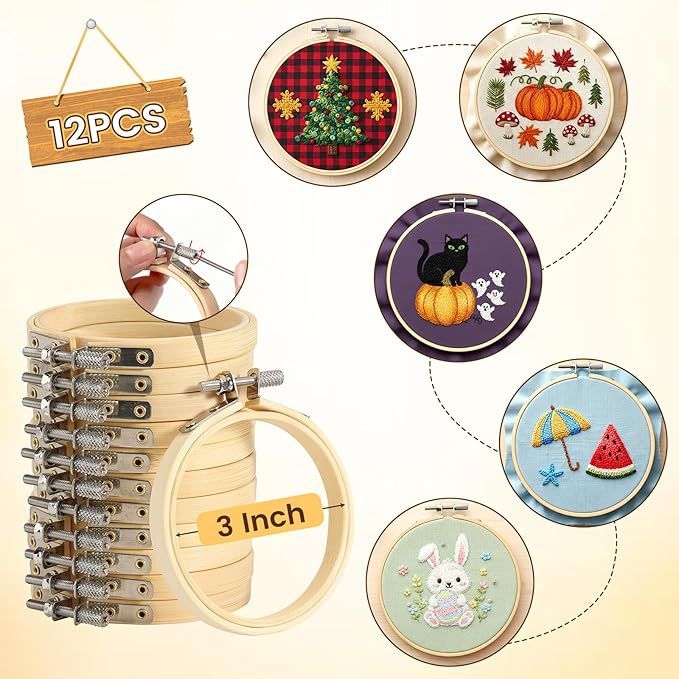 bigotters 12pcs 3 inch embroidery hoops, adjustable bamboo circle cross stitch hoop ring bulk wholesale for home ornaments art craft handy sewing diy favor