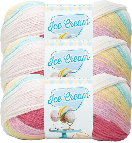 Lion Brand Yarn, Ice Cream Baby Yarn for Knitting, Crochet, and Crafts, Tutti Frutti, 3 Pack, DK Weight Colorful Acrylic Fiber for Baby Blankets, Hats, and Sweaters