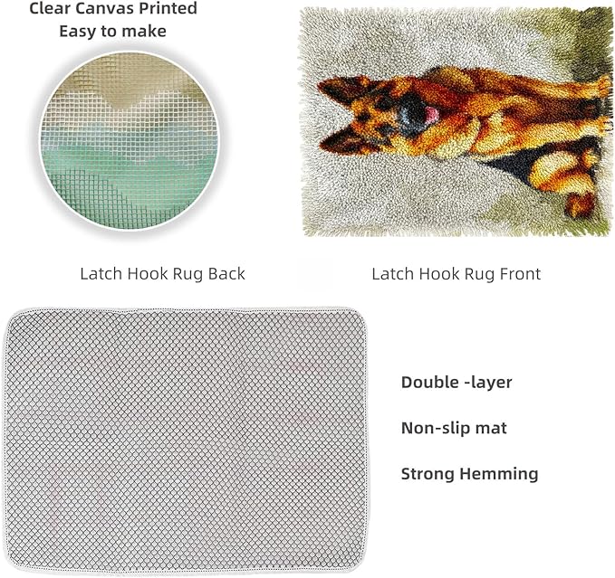 Latch Hook Rug Kit Cute German Shepherd Dog Pre-Printed Handmade Carpet Crochet Yarn Craft DIY Hook and Latch Door Mat Tapestry for Home Floor Decoration 52x38cm-1