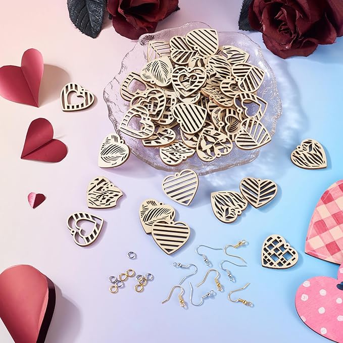 Elecrelive 60pcs Heart Wooden Earring Charms Heart Filigree Earring Making Kit with Ear Wires Jump Rings for Valentine's Day DIY Necklace Jewelry Making