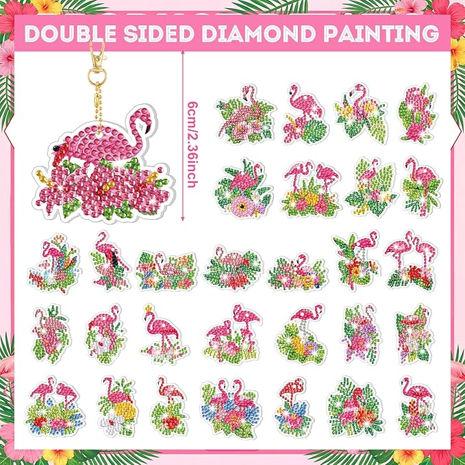 Huquary 30 Pcs Summer Diamond Painting Keychains Animals Flamingo Diamond Art Kit 5d Double Sided Diamonds Hanging Keychains for Adult Beginner DIY Crafts Party Gift