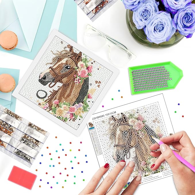 SENQAO Horse Diamond Art Kit for Adults with Frame Art and Crafts for Adults Ages 4-6-8-12 Easy to DIY Diamond Art for Adults and Adult Beginners Home Wall Decoration 7.1x7.1inch