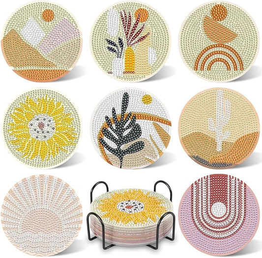 UPINS 8Pcs Boho Diamond Art Painting Coasters for Drinks DIY Coaster Diamond Art Kits for Adults Kids Beginners Diamond Art Craft Supplies (Boho)