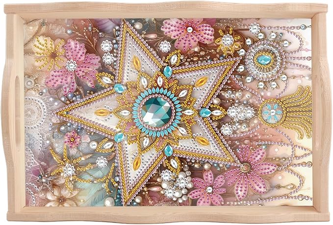 DIY Diamond Art Tray with Handle Diamond Art Painting Plate Creative Design Handmade Wooden Tray Mosaic Making Kits by Number Kits Diamond Art for Coffee Living Room Home Organizer (Five-Pointed Star)