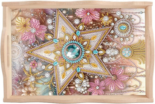 DIY Diamond Art Tray with Handle Diamond Art Painting Plate Creative Design Handmade Wooden Tray Mosaic Making Kits by Number Kits Diamond Art for Coffee Living Room Home Organizer (Five-Pointed Star)