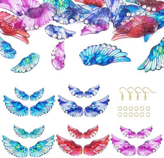 FASHEWELRY 20Pcs Resin Angel Wing Charms for Jewelry Making, Bright Color Fairy Wing Earring Charms Colorful Feather Pendant Earrings Making Kit Earring Hook Jump Rings