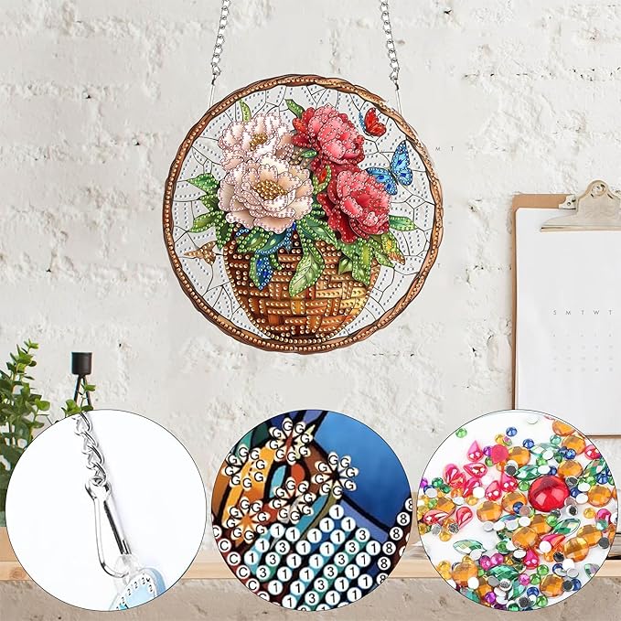 Yomiie Hanging Diamond Art Ornament Kits– DIY Double Sided Acrylic Sun Catcher with Flowers, Front Door Sign & Porch Decor, Crystal Diamond Painting Pendant for Home, Garden, Windows (8x8 inch)