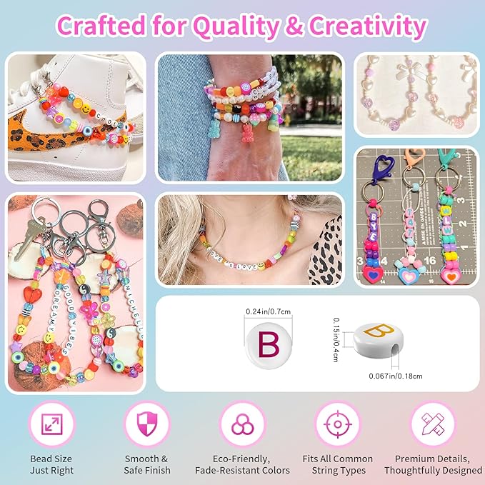 nikkiGuo 1250pcs 4x7mm White Round Acrylic Alphabet Beads A-Z Heart Beads with Numbers Crystal Line for Jewelry Bracelet, Necklace and Key Chains(Hot Pink White Colorful)