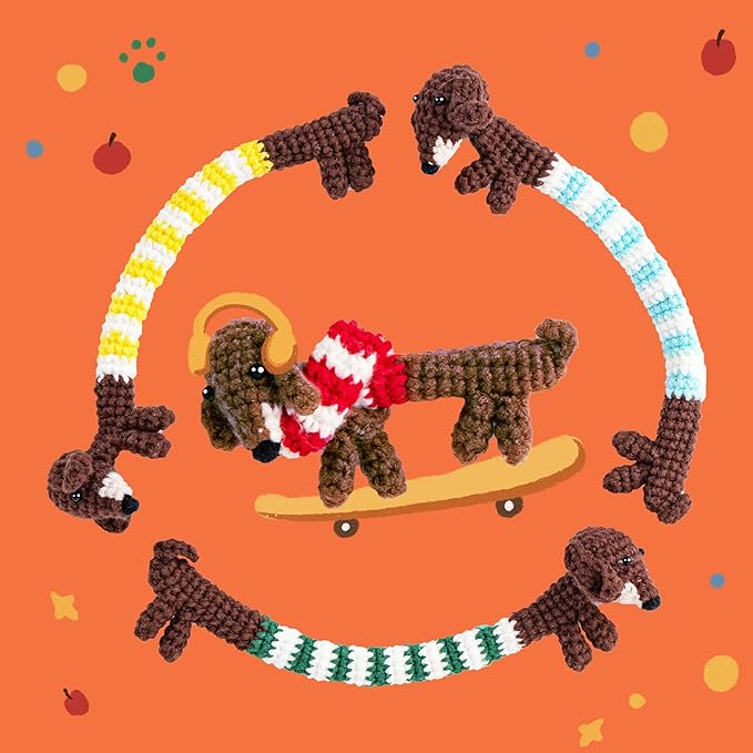ChillFuzz Animal Crochet Kit Beginner Crochet Kit for Adults with Yarn Hook and Instructions Perfect Handmade Gift Pet Lovers Dachshund Dog Puppet