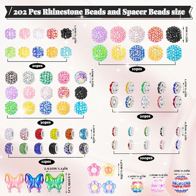 202 PCS HUISUYTON Rhinestone Beads for Jewelry Making, Included 70 Pcs Rhinestone Bead and 132 Pcs Spacer Bead, Sparkly Crystal Clay Beads for Bracelet Baseball Necklace Earring Crafting