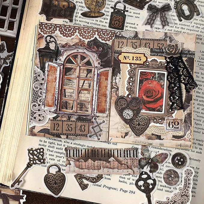 200PCS Vintage Scrapbook Paper Journaling Scrapbooking Supplies Kit Retro Decorative Craft Paper Assorted for Bullet Junk Journals Card Making Craft DIY, Time Code