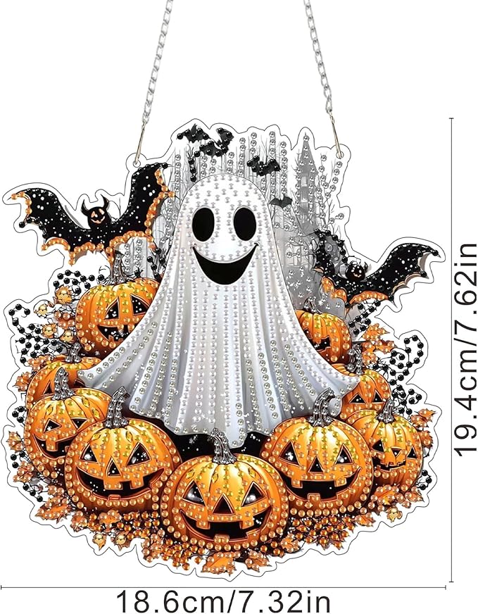 SENQAO Ghost Diamond Art Hanging Kits for Adults, Acrylic Diamonds Painting Pendant Board Kits Halloween Pumpkin, Diamond Art Painting Window Pendants Home Garden Wall Hanging Kits Hanging Ornament