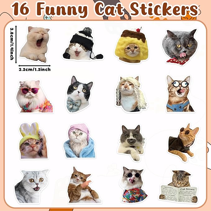 h1vojoxo funny cat sticker rolls - 1000pcs cute cat stickers for kids 16 designs waterproof cats stickers for water bottles laptop scrapbook crafts envelopes gifts cute animal sticker for cat lovers