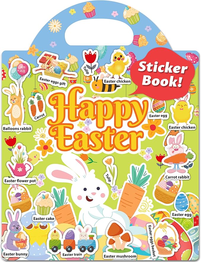 walenced reusable sticker book for toddlers, stickers for kids, toddler sticker book, toddler craft activities, toddler travel toys ages 3 and up boy girl birthday gifts - easter