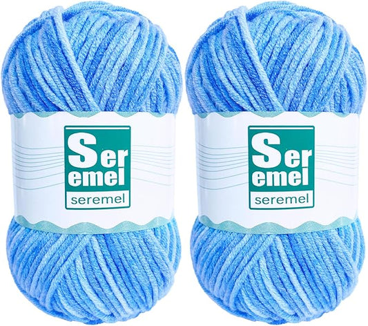 2 Pcs （2 * 48g/2 * 142yards） Crochet/Knitting Rainbow Yarn,Multicolor Variegated 100% Acrylic Yarn,Crochet Yarn for Beginners,Soft Yarn for Crocheting Blanket and Handicraft Mini Project (Sky Blue)