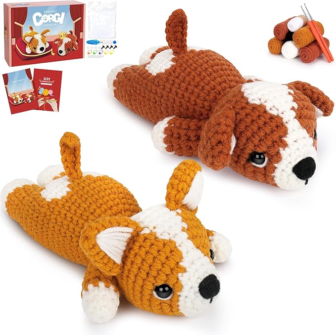 fortuning's jds crochet kit for beginners - 2 pcs corgi crochet kits with step-by-step video tutorials, beginner crochet kit for adults, crochet animal kit, dog knitting kit gifts valentine's day