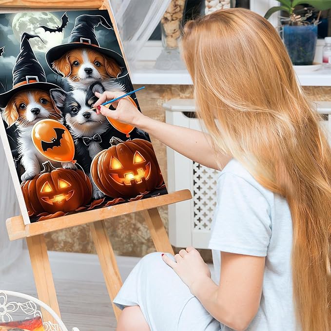 Bowetile Halloween Framed Paint by Numbers for Adults, Adults' Paint-by-Number Dog Kits on Canvas, Easy Acrylic Pumpkin Number Painting Crafts Kits Halloween Gifts for Home Decor, 8x12in
