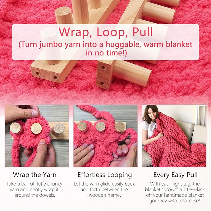 68" Chunky Blanket Loom Kit for DIY No-Needle Hand Knitting Adjustable Wooden Loom Frame Beginner Friendly Yarn Craft for Home Decor & Large Throw Blankets