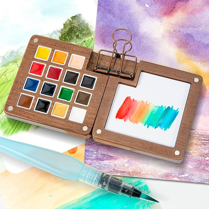 Mini Paint Palette Travel Kit - 15-Colors Pocket Artist Water Color Travel Set with Crossbody Bag, Watercolor Journal, Metal Clip, Paint Water Cup, Water Brush, Wooden Paint Box for Painters Artists