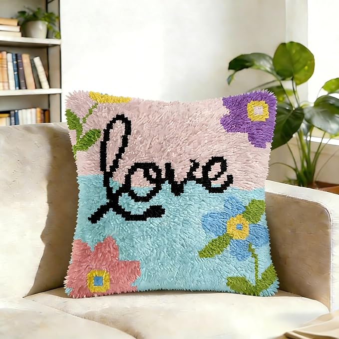 Cozykeke Love Latch Hook Kit,DIY Pillow Cover Cushion Craft Kits with Pre-Printed Canvas for Adults and Beginners, Suitable for Home Decor and Festival Gift 17 * 17in (BX1057)