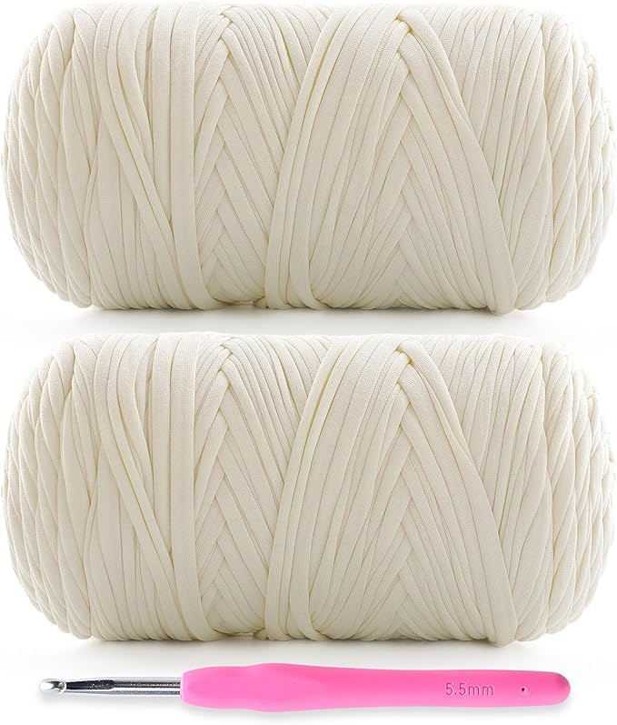 2 Pack Soft T-Shirt Yarn for Crochet, T Shirt Yarns for Crocheting Crafts, Bags, Basket, Coaster, Tshirt Yarns - 800 G/260 Yds with 1 Crochet Hook (2, Milk White)