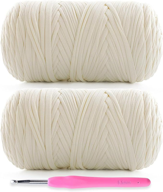 2 Pack Soft T-Shirt Yarn for Crochet, T Shirt Yarns for Crocheting Crafts, Bags, Basket, Coaster, Tshirt Yarns - 800 G/260 Yds with 1 Crochet Hook (2, Milk White)