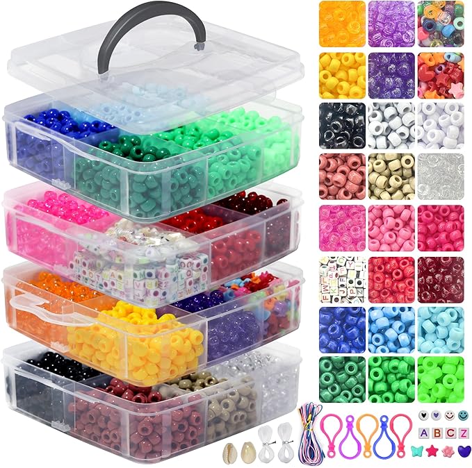 4600+pcs Pony Beads Kit, Kandi Hair Rainbow Beads Plastic Bead for Craft 6 x 9mm 23 Colors Large Hole Bead Set for Bracelets Jewelry Making (23Color(4600+Pcs))