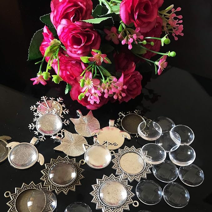 58 PCS Pendant Tray Kit, Seasonsky Pendant Trays Sun, Wing, Cat, Snowflakes with Glass Cabochon Blanks Clear Dome, 10 PCS Pendant Buckle for Photo Pendant Craft