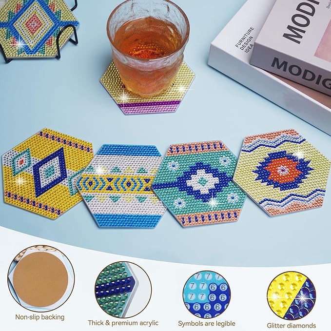Vcekract Diamond Painting Coasters Kits, 6 Pieces Hexagon Diamond Painting Coasters with Holder, DIY Diamond Art for Adults, Diamond Painting Kit for Beginners