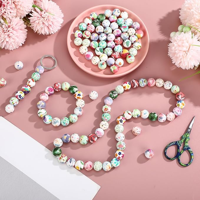 Ferreve 120 Pcs 15mm Silicone Beads Bulk Silicone Beads Print Rubber DIY Bracelet Making Kit for Keychain Making Pens Necklace Jewelry(Floral)