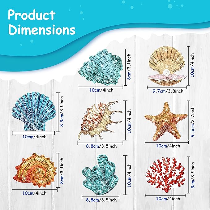 8 pcs Diamond Painting Coasters | Diamond Art Coasters | Sea Shells Diamond Art Painting | Perfect Art Craft Gift for Sea Shells Lover, Dad, Mom, Grandparents, Brother, Sister.