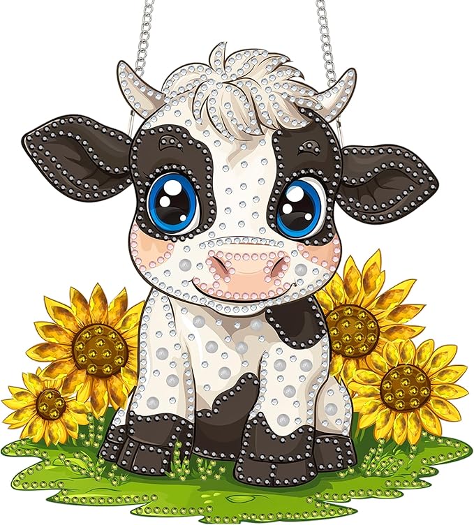 Bimkole Cow Diamond Art Hanging Kit for Adult, DIY 5D Diamond Art Sunflower Window Pendant, Acrylic Crystal Art Hanging Ornament Home Wall Garden Front Door Sign Outdoor Decor 7.8x7.8 Inch