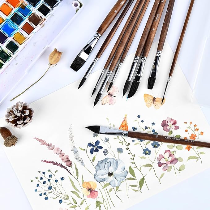 Professional Watercolor Brushes,10 Pcs Synthetic Squirrel Hair Water Color Paint Brush Set for Artists - Flat,Dagger,Round Pointed,Cats Tongue Oval Wash for Watercolor Gouache Painting