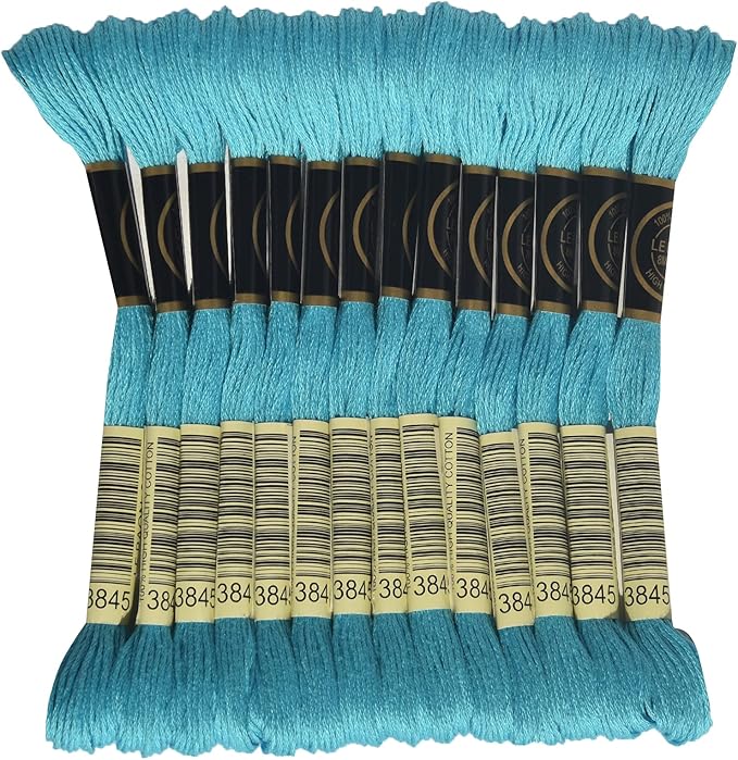 LE PAON Embroidery Floss, 14-Pack Six Strands 100% Long Staple Cotton Embroidery Thread, 8.7-Yard，Color Number：3845, Medium Bright Turquoise