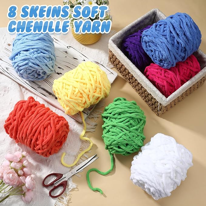 Buryeah Chunky Chenille Yarn for Crocheting Soft Thick Fluffy Yarn for Hand Knitting Bulky Velvet Blanket Plush for Weaving DIY Crafts Each 3.5 oz 55 Yards(Bright Colors,8 Pack)