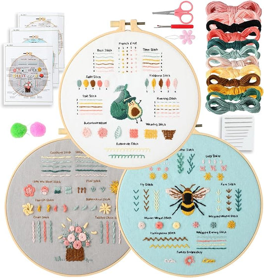 JOINRUN Beginner Embroidery Kit for Adults, 3 Pack Cross Stitch Kits with Pre-Printed Patterns, Threads, Needles, Learn Stitches with 7.8" Hoop, Video Tutorial, DIY Needlework Craft Gift for Women