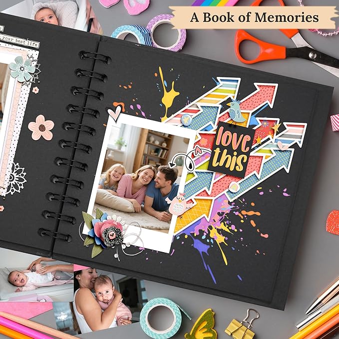 Polaroid Scrapbook Photo Album, 6.3"x6.3" DIY Scrapbook Album Hardcover Kraft Paper with 20 Sheets 40 Pages, Stylish Memory Book for Wedding, Anniervsary, Family, Travel, Black