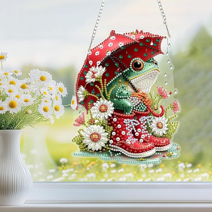 NEWENMO Diamond Art Kit for Adult, Cute Frog, Diamond Art Painting Double Sided Window Pendants for Home Garden Wall Hanging, DIY Special Shaped Gem Hanging Ornaments, Frog with Umbrella