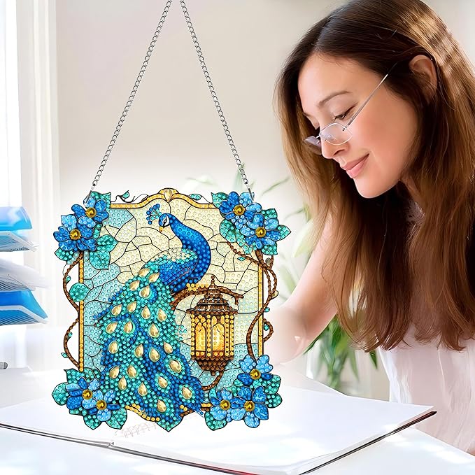 Pavemlo Hanging Diamond Art Kits for Adults Peacock Animal – 8x8 Inch Double-Sided Acrylic Board DIY Crystal Diamond Suncatcher Pendant, Sparkling Home Wall or Window Decoration Handmade Gift