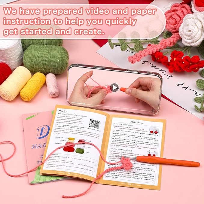 Iuuidu Crochet Kit for Beginners, Flower Bouquet Crochet Kit Rose, Crochet Starter Kit for Beginners with Step-by-Step Video Tutorials for Birthday Anniversary Day Present, Home Decor (Red)