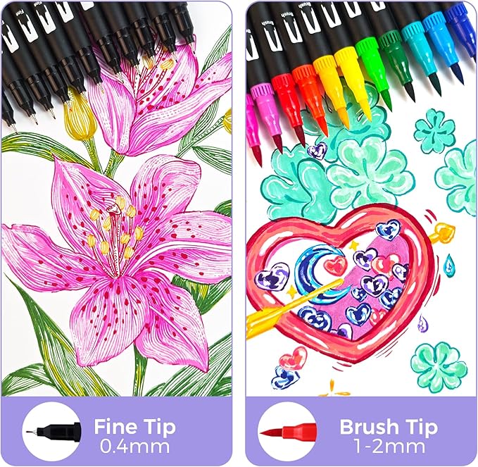 Artecho 120 Colors Markers for Adult Coloring Books, Dual Tip Markers for School, Fine and Brush Tip for Adults Coloring Books, Calligraphy, Drawing, Sketching