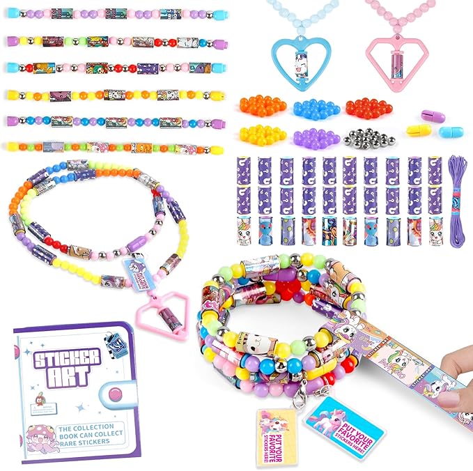 plunack diy jewelry making kits bracelets for kids, stickers set, includes beads & charms & pendants, 320pcs wearable & shareable stickers rolls for ages 5+ and up, birthday gift for girls