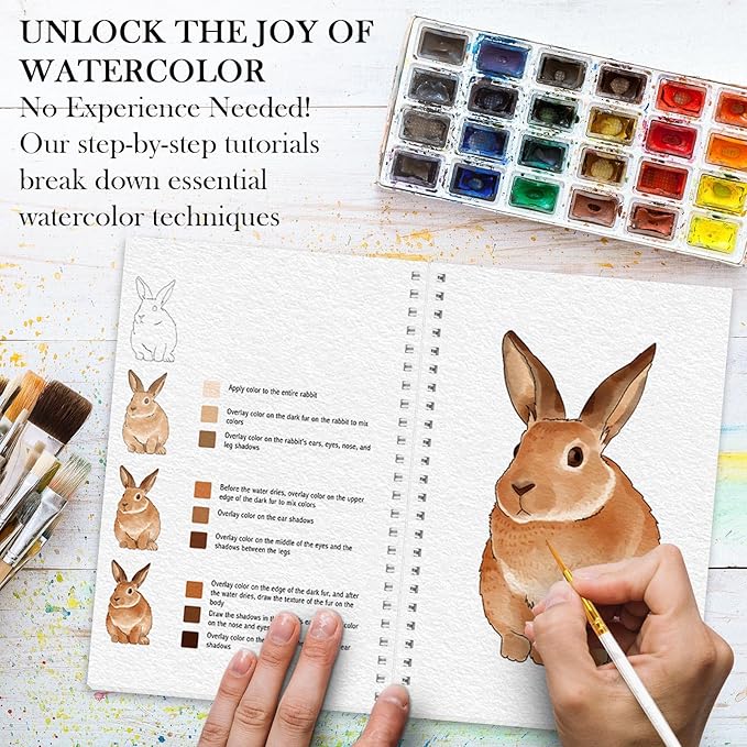 Watercolor Workbook, Watercolor Workbook Paint Book Beginner Friendly, 12 Different Patterns Stress-Relieving Art Crafts for Creative Exploration Gift for Women Adults Teens (Animals, 1)