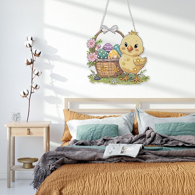 HEIBAGO Easter Diamond Art Hanging Kits for Adults, Diamond Art Suncatchers Chick, 5D Special Shape Diamond Painting Pendant, DIY Window Ornament Gifts for Home Garden Door Wall Decor 8.3 x 8.3 Inch