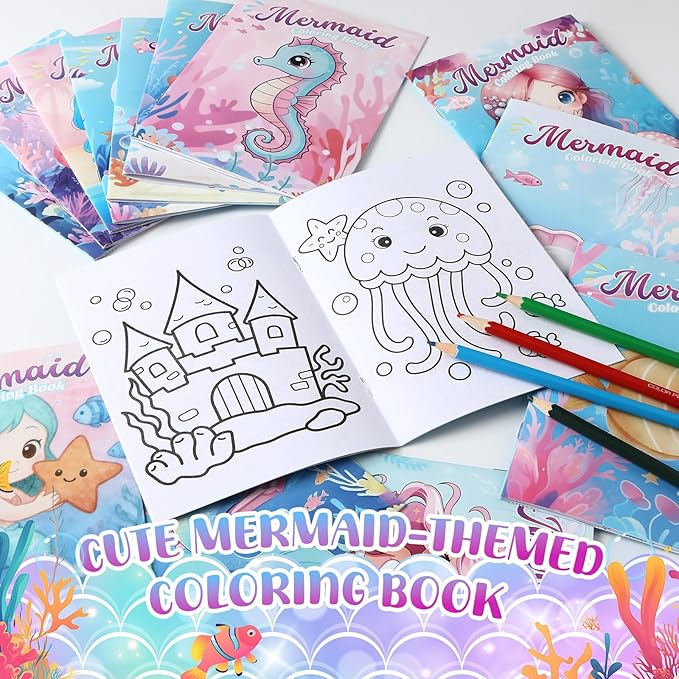 Liliful 144 Pcs Mermaid Coloring Book Bulk Mini Mermaid Theme Drawing Book with Sea Creature Shell Patterns Ocean Party Favors Goodie Bag Filler and Holiday Gifts