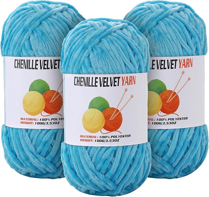 3 * 100g Velvet Chenille Chunky Yarn for Crocheting, Handcrafts Weaving Soft Chenille Yarn for Crocheting Clearance, Used for Making Baby Yarns Blanket, Clothes, Knitting Creations (Lake Blue)