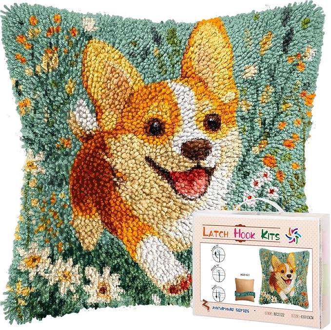 DIY Latch Hook Pillow Kits for Adults Welsh Corgi Dog Running in Flowers Printed Pillowcase Crochet Yarns Hooking Handmade Pillow Cover Cushion for Home Sofa Decoration 17x17inch-3